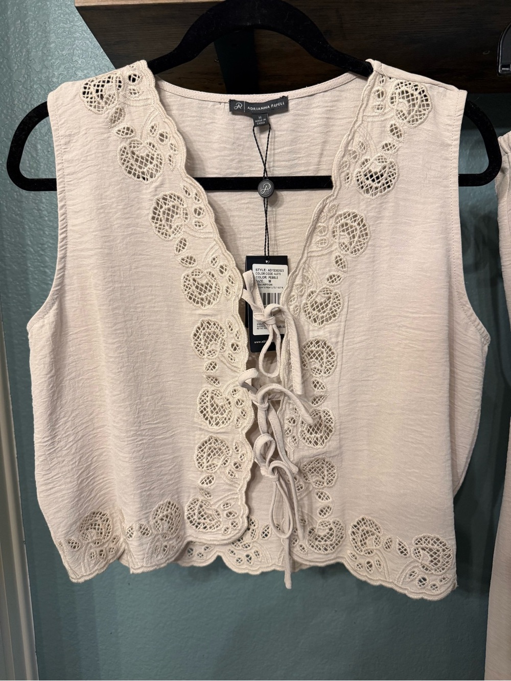 NWT Adrianna Papell 2PC Ivory Lace Trim Tie Front Wide Leg Pants Set M Boho - Picture 3 of 13